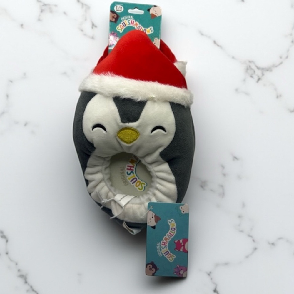 Squishmallows Penguin Plush with Santa Hat Slippers, size 11/12 NWT